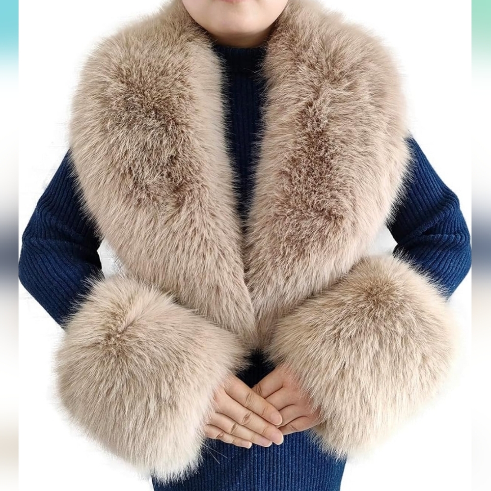 NEW! Elegant Tan Faux Fur Collar And Cuffs Set OS - Picture 2 of 4